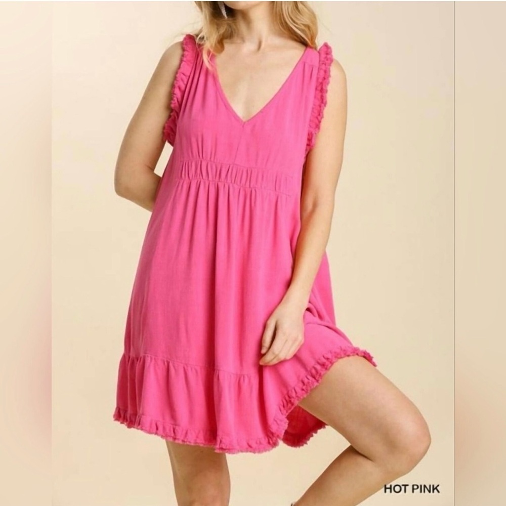 Umgee NWT Hot Pink Ruffle Trim cotton/linen Dress/cover up